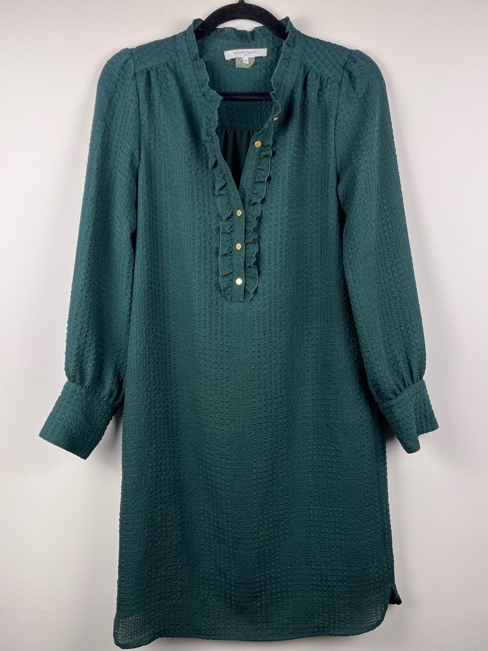 Gerard Darel Paris Dark Green Shift Dress Ruffle Neck Long Sleeve EU 38 US 6